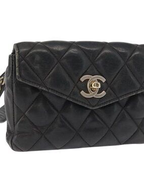 CHANEL Matelasse Waist bag Lamb Skin Black Gold CC Auth am10530